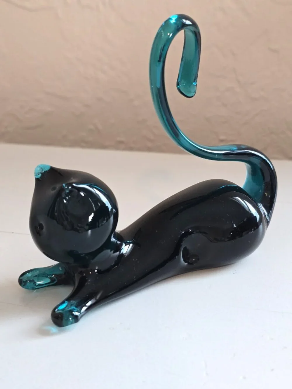 Vintage Hand Blown Glass Cat Figurine Teal/Dark Blue Black